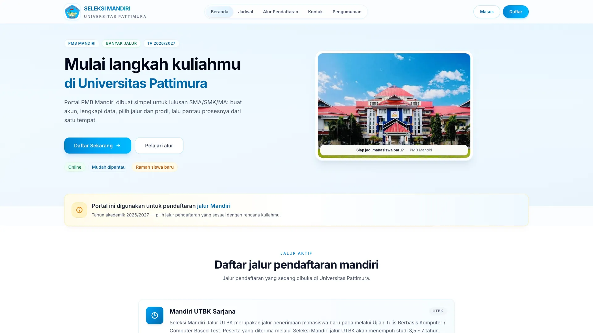 Universitas Pattimura independent-admission portal showing registration schedule information