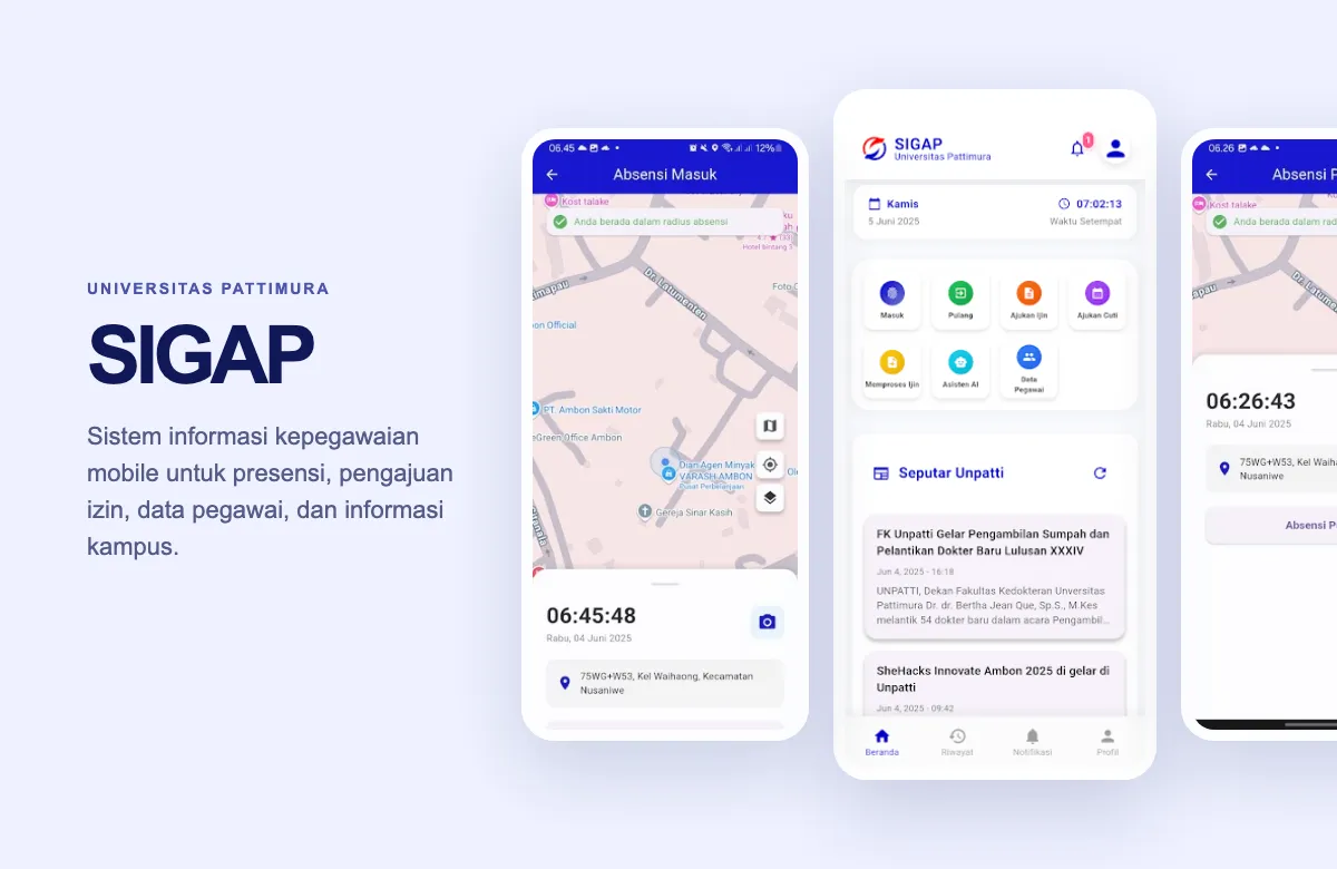 SIGAP UNPATTI mobile screens showing employee dashboard, attendance, and personnel services