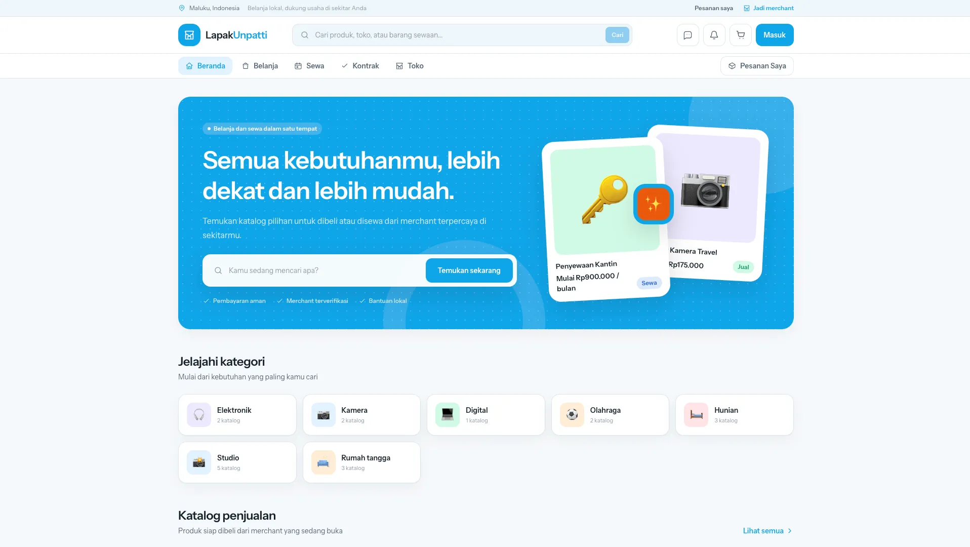 Universitas Pattimura business-unit platform with product categories and search